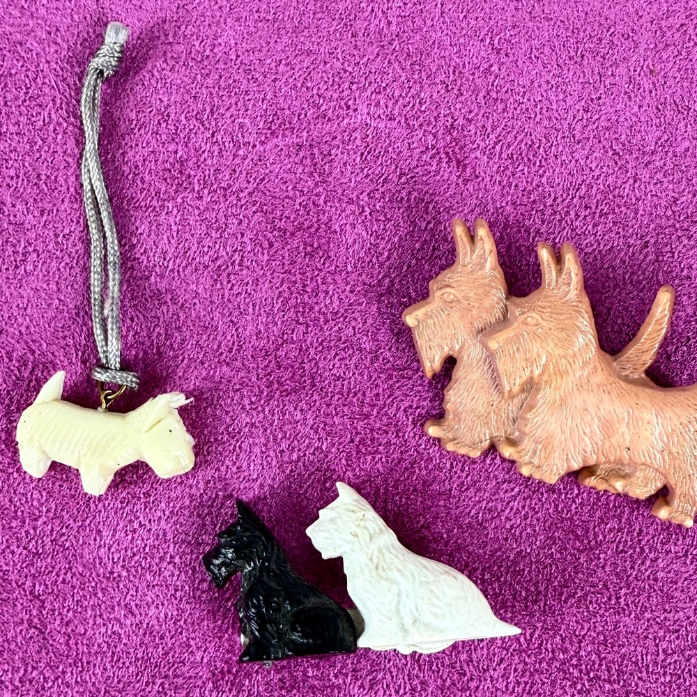 5 Vintage Little Scotty Dogs 2 Pins 1 Charm Black and White Brown Plastic Brooch